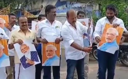 'പ്രധാനമന്ത്രി മാപ്പ് പറയണം'; തമിഴകത്ത് വ്യാപക പ്രതിഷേധം, പോസ്റ്ററുകൾ കത്തിച്ച് ഡിഎംകെ പ്രവർത്തകർ